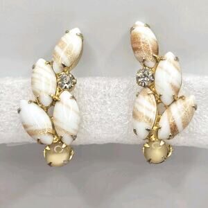 Earrings Juliana Clumped White Milk Glass Copper Fluss Easter Egg Prong Setting